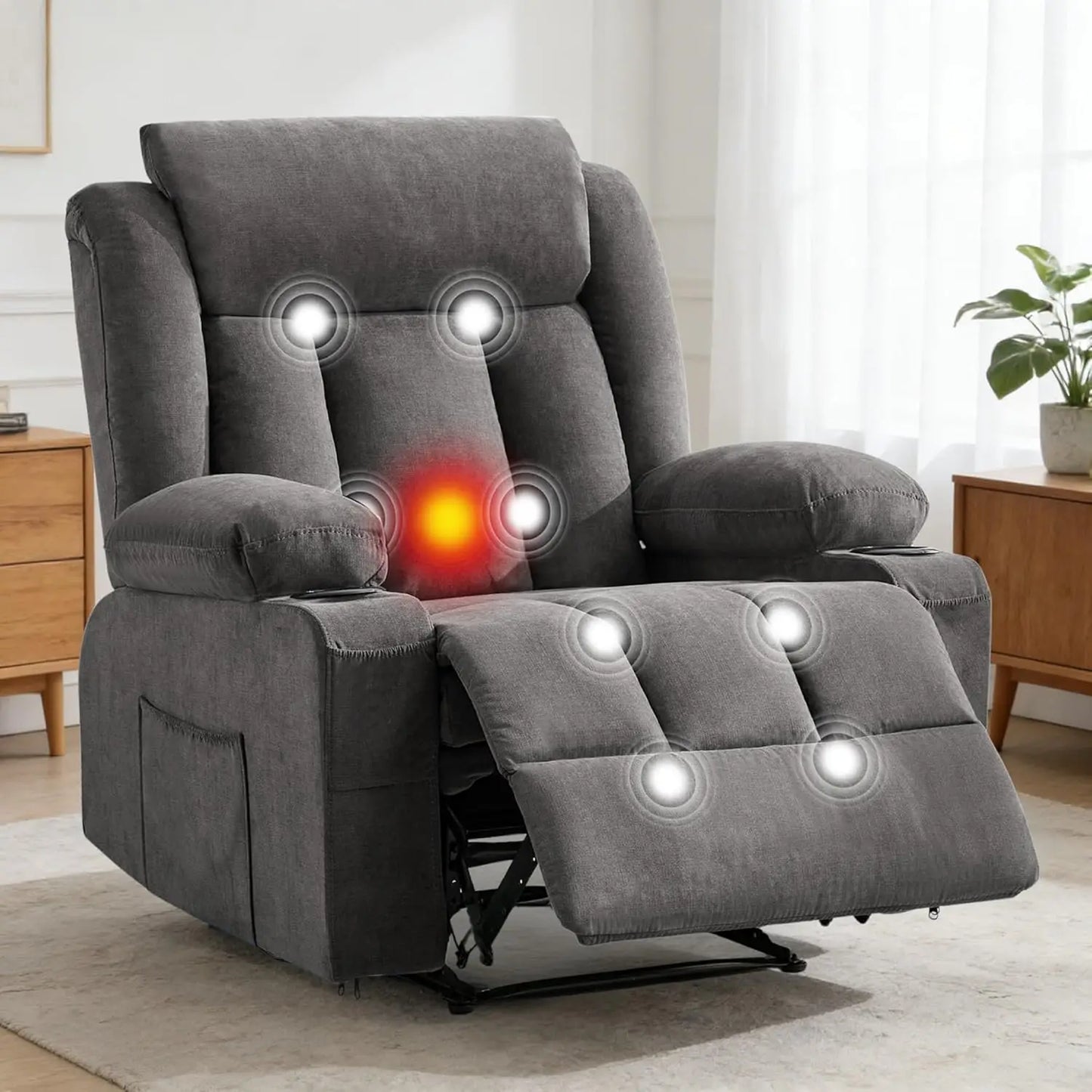 Oversized Recliner Chair With Massage And Heat Cup Holders StoragePocket