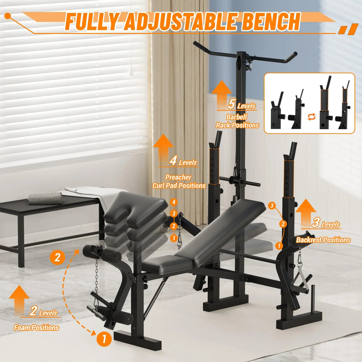 Foldable Adjustable Weight Bench With Leg Extension And Preacher Curl