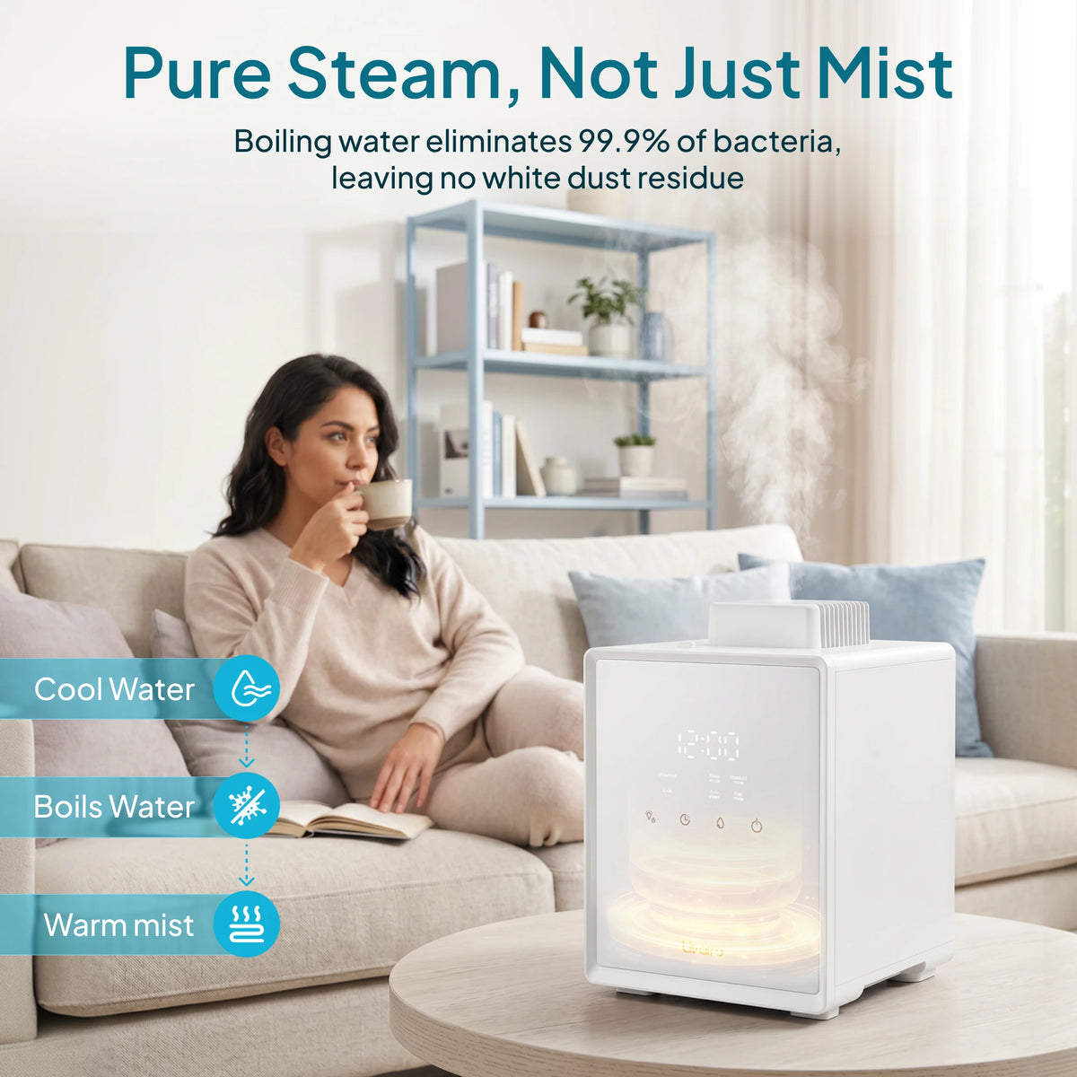 Livatro 3L Warm Mist Humidifier with 304 Stainless Steel Tank, 12H Timer, Sleep Mode & Auto Clean for Bedroom