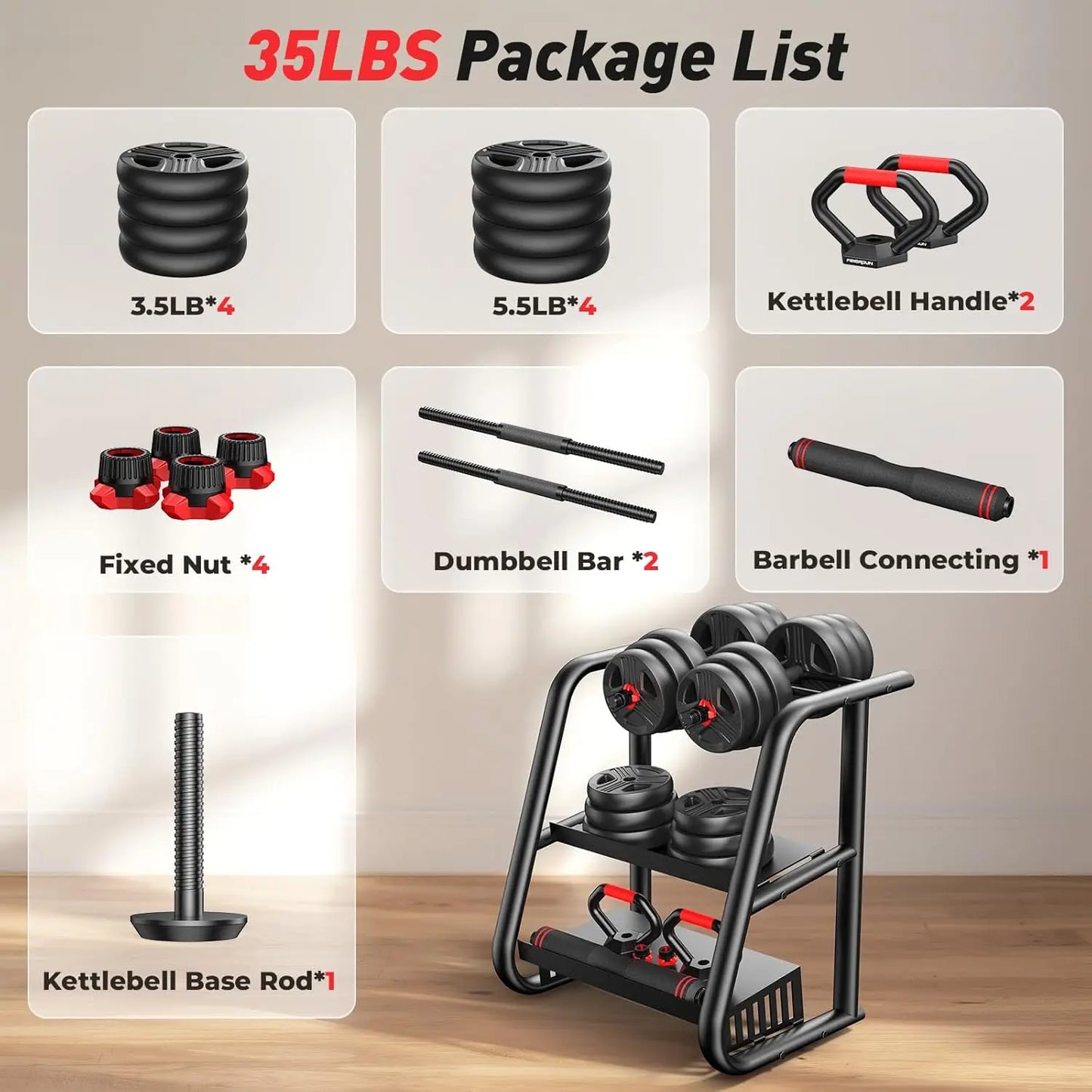 FED Fitness 5 In 1 Adjustable Dumbbell Set Barbell Kettlebell