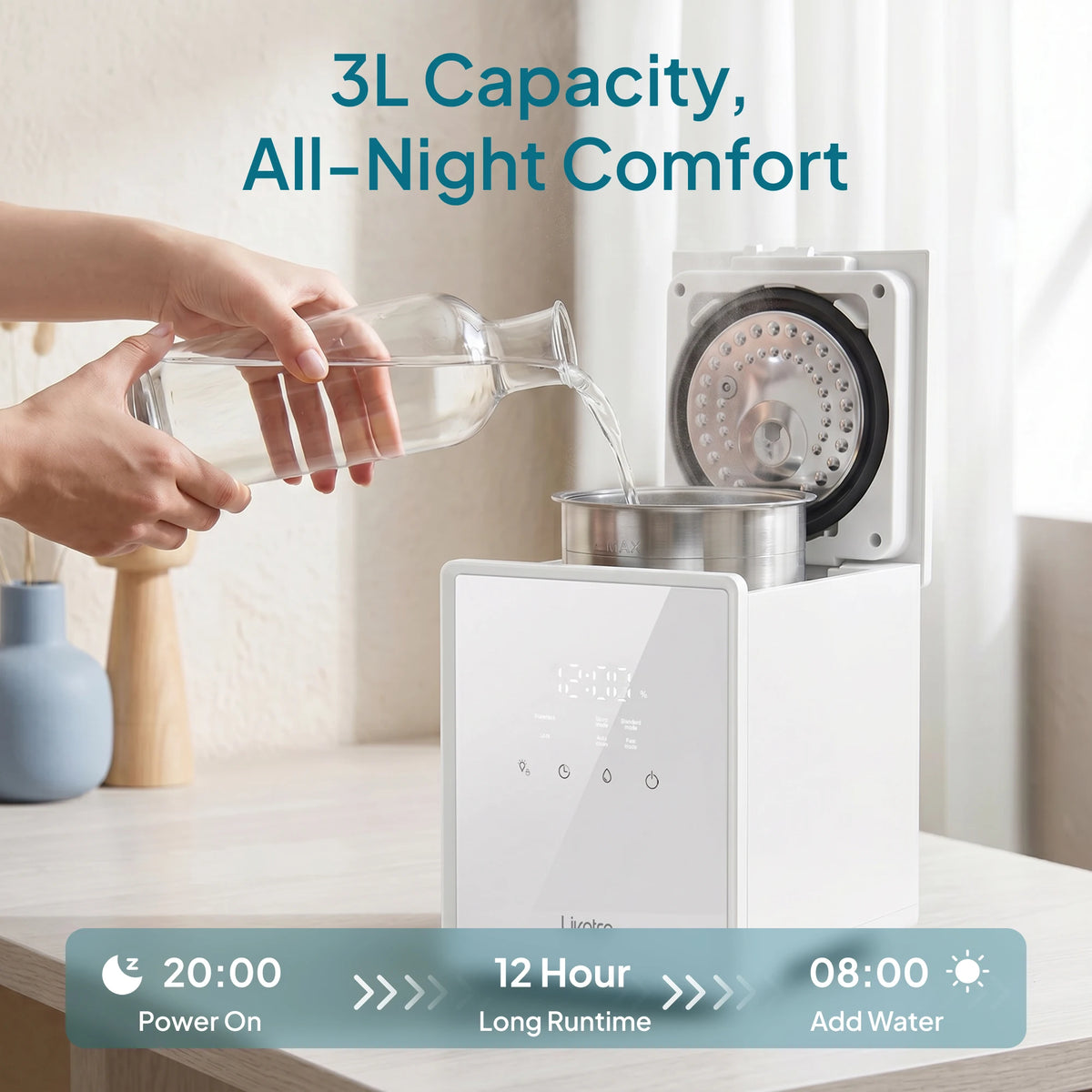 Livatro 3L Warm Mist Humidifier with 304 Stainless Steel Tank, 12H Timer, Sleep Mode & Auto Clean for Bedroom