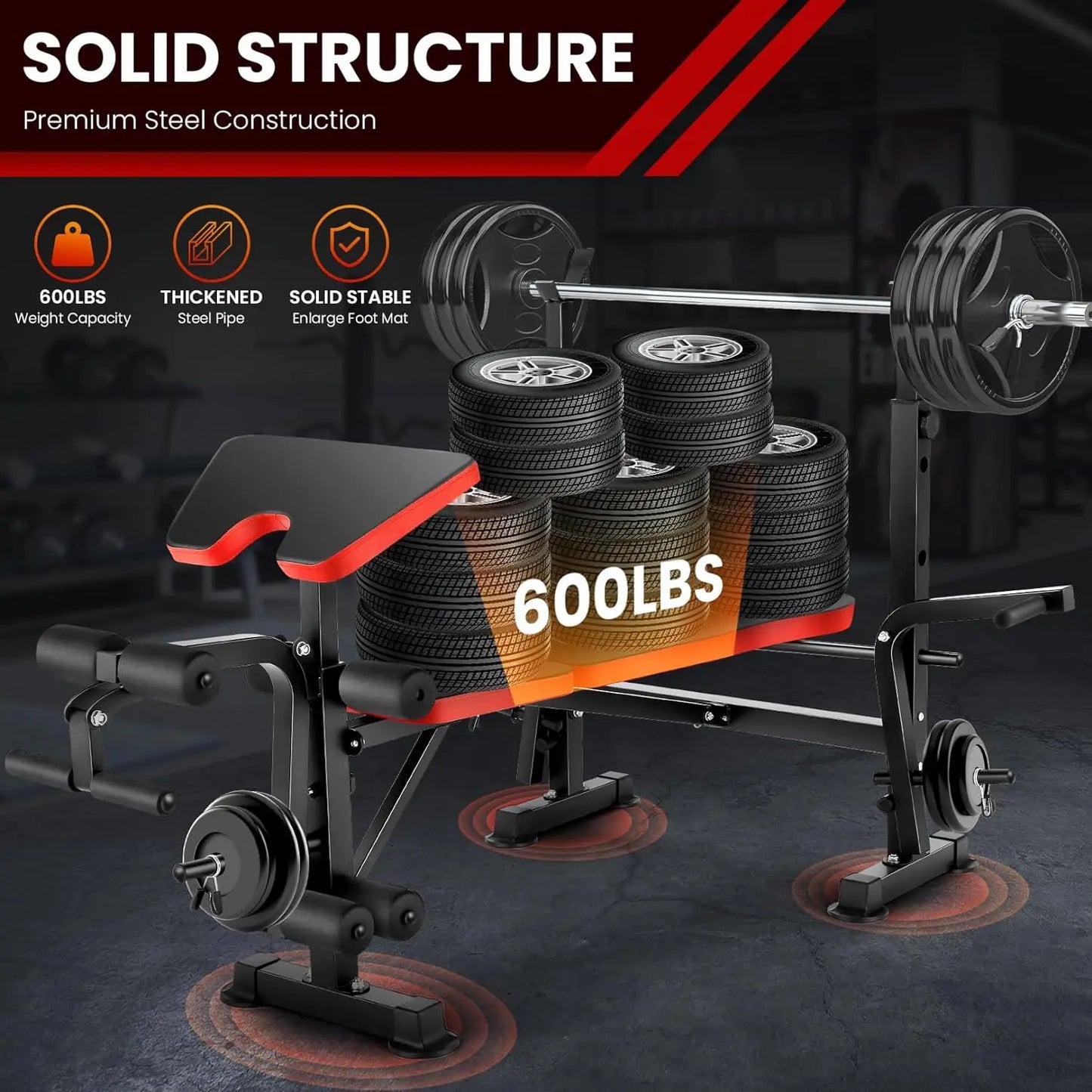 Six-In-One Weight Bench Set With Squat Rack And Barbell 660lbs
