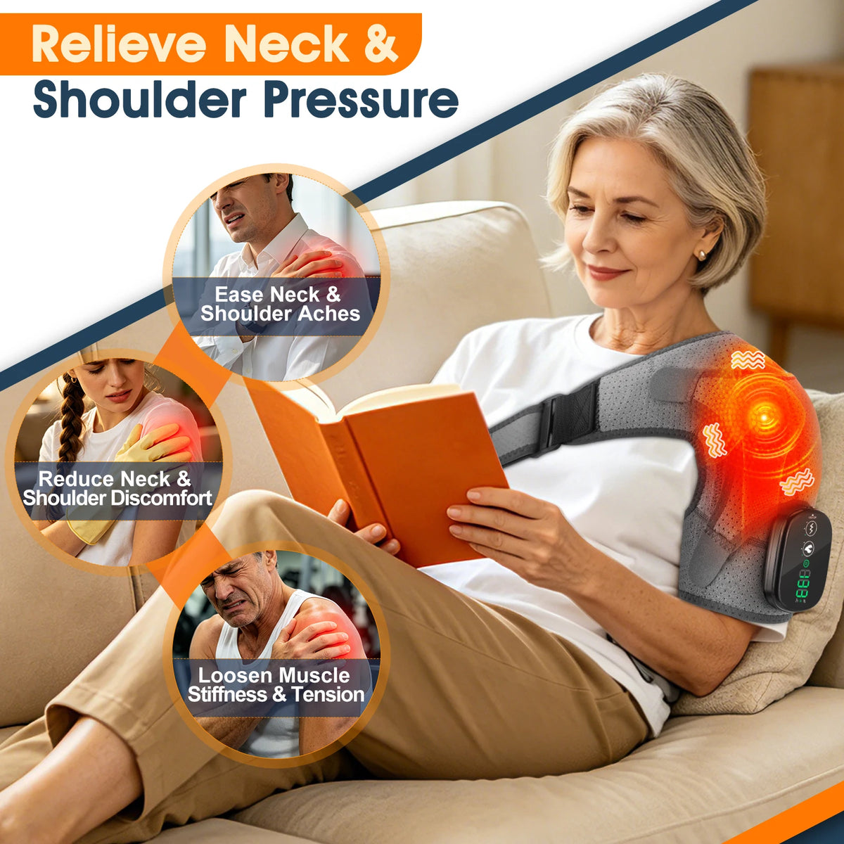 Cordless Electric Heating Shouder Massager Brace, 3 Heat & Vibration Thermal Cervical Muscel Relax, Shoulder Warmer Massage Belt