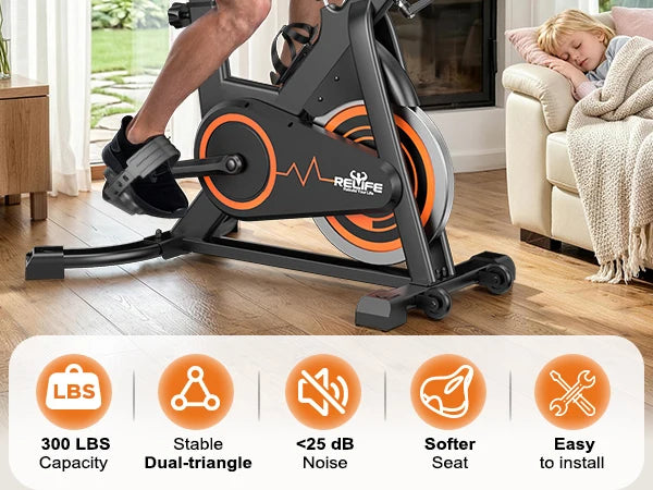 RELIFE Stationary Exercise Bike Silent Belt Drive Indoor Cycling Bike Adjustable Resistance Home Cardio Fitness Bike with LCD Monitor Tablet Holder