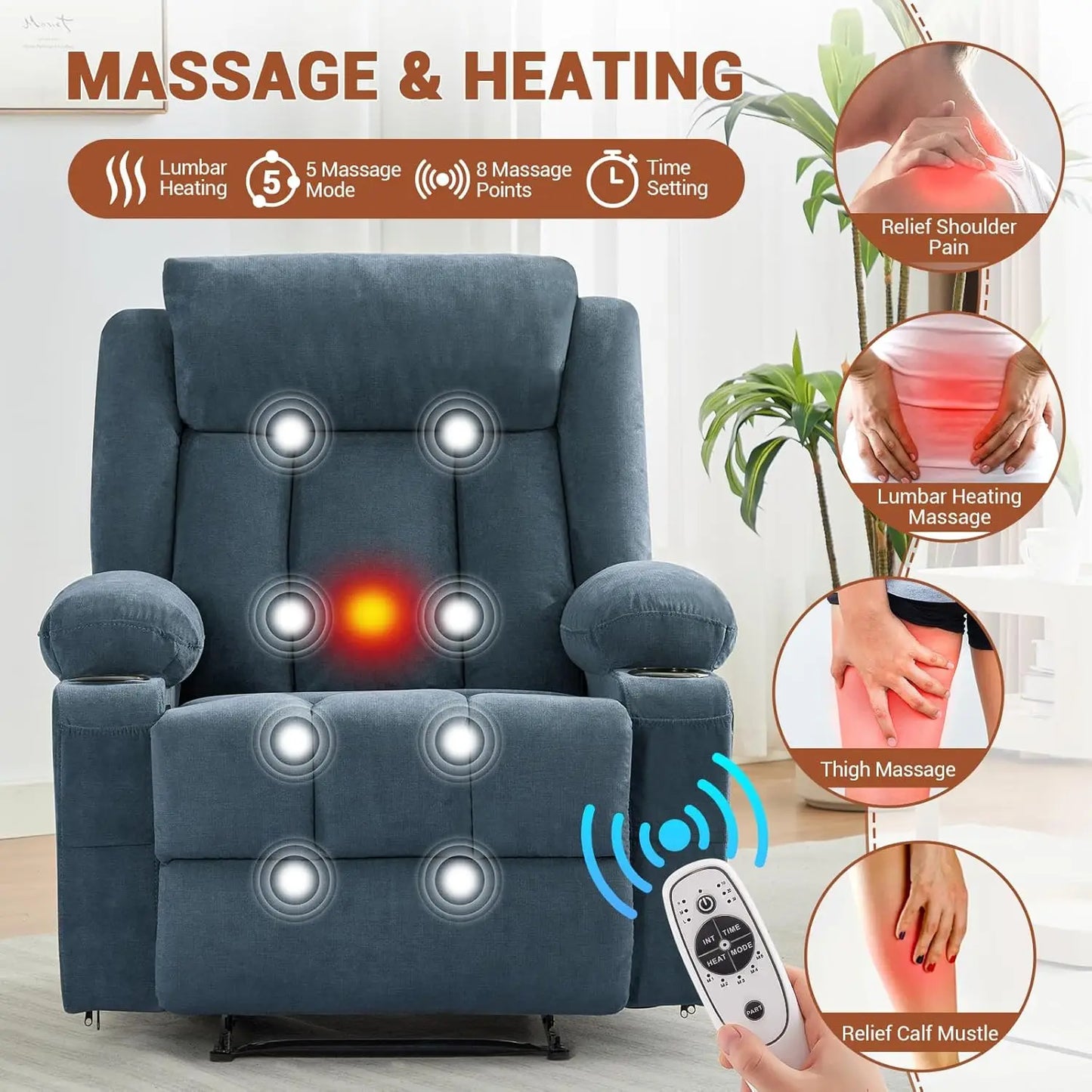 Oversized Recliner Chair With Massage And Heat Cup Holders StoragePocket
