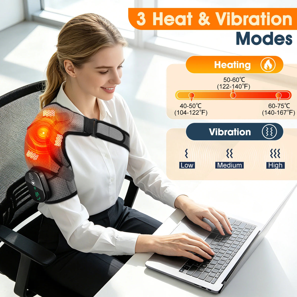 Cordless Electric Heating Shouder Massager Brace, 3 Heat & Vibration Thermal Cervical Muscel Relax, Shoulder Warmer Massage Belt