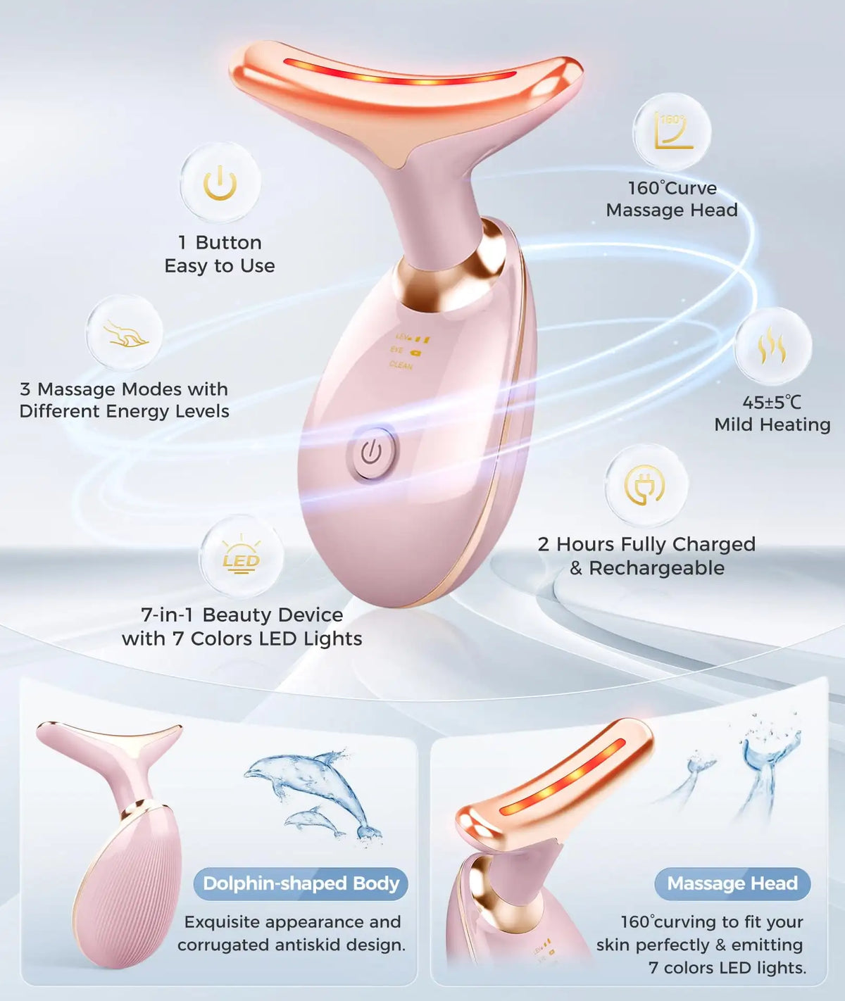 Face Neck Massager,7-in-1 LED Lights Facial Tool for Home Skincare Device,Rose Gold Massage