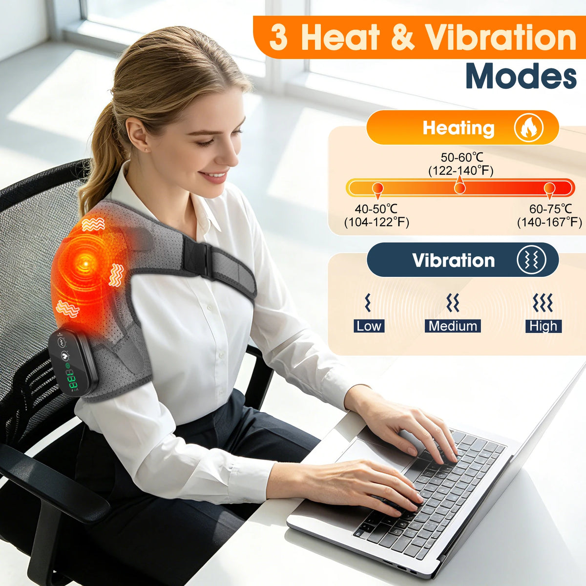 Cordless Electric Heating Shouder Massager Brace, 3 Heat & Vibration Thermal Cervical Muscel Relax, Shoulder Warmer Massage Belt
