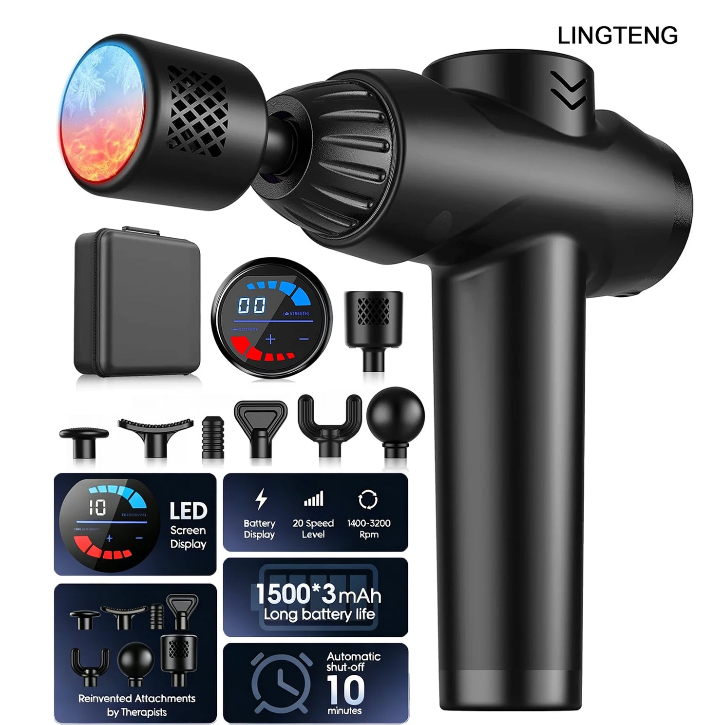 LINGTENG EM9 Massage Gun With Hot Cold Therapy 7 Heads