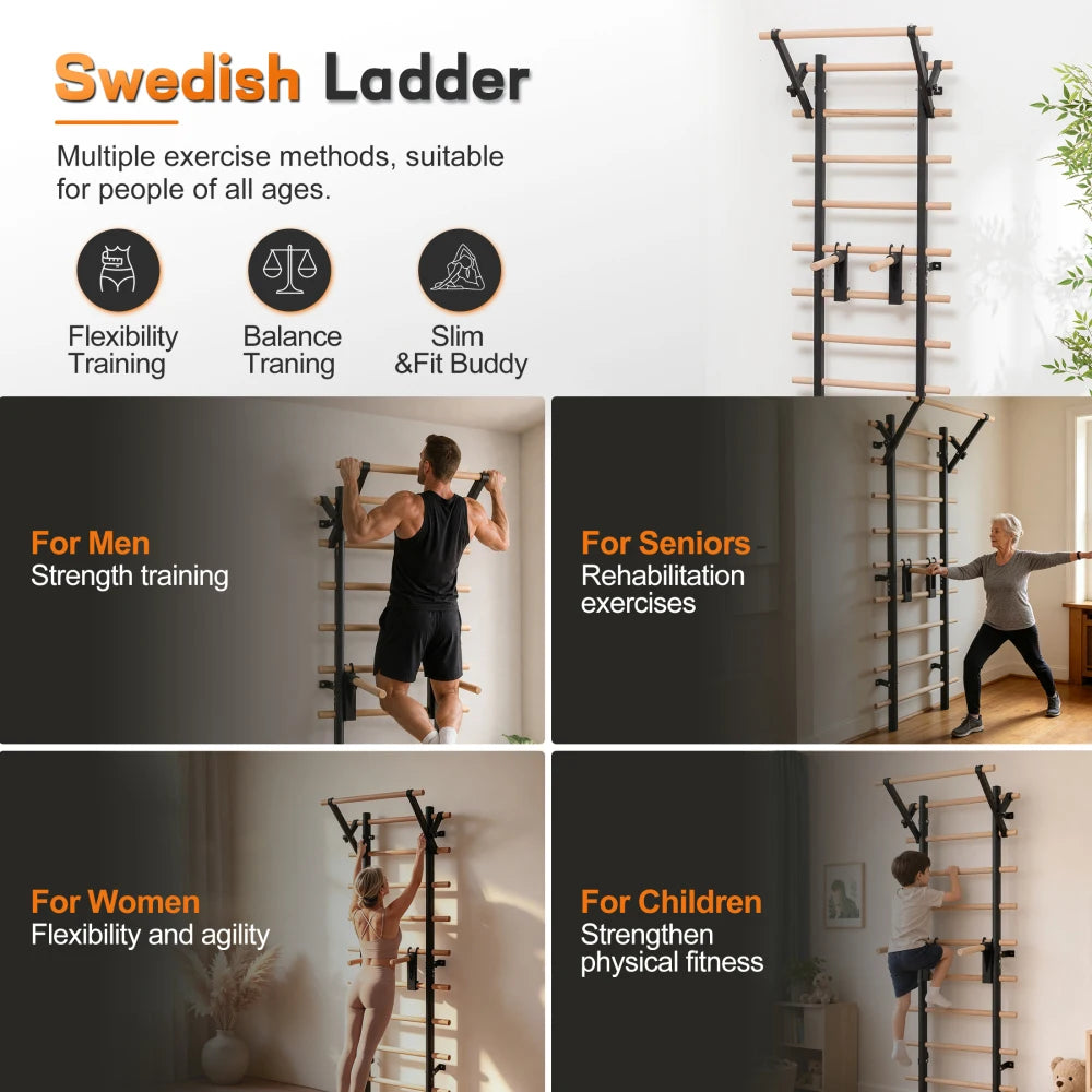 Wall Mounted Swedish Ladder Stall Bar With Adjustable Training Attachments