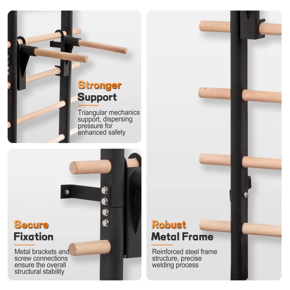 Wall Mounted Swedish Ladder Stall Bar With Adjustable Training Attachments