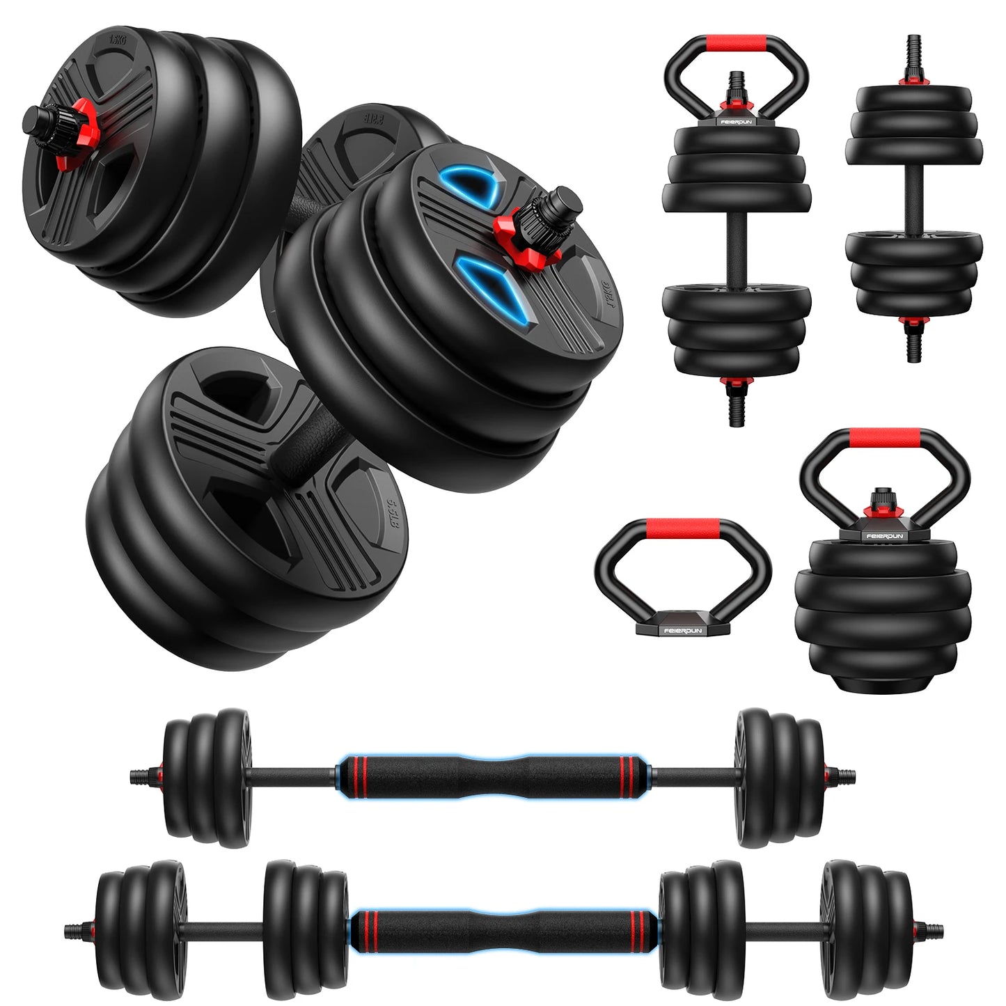 FED Fitness 5 In 1 Adjustable Dumbbell Set Barbell Kettlebell