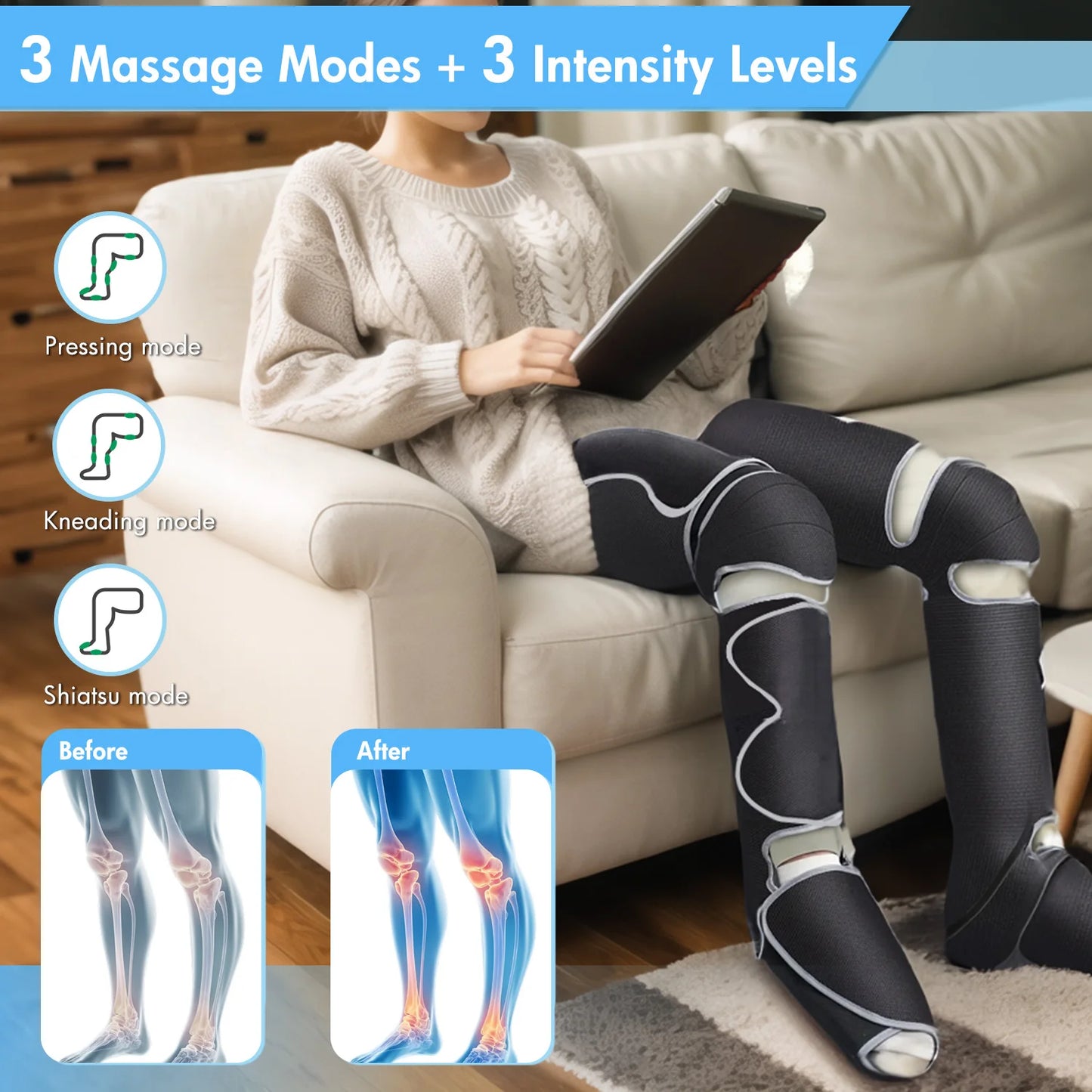 Leg Air Compression Massager With Heat 3 Modes 3 Intensities 2 Temperature Levels