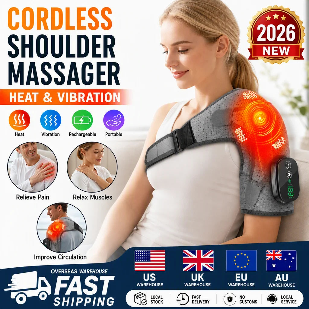Cordless Electric Heating Shouder Massager Brace, 3 Heat & Vibration Thermal Cervical Muscel Relax, Shoulder Warmer Massage Belt