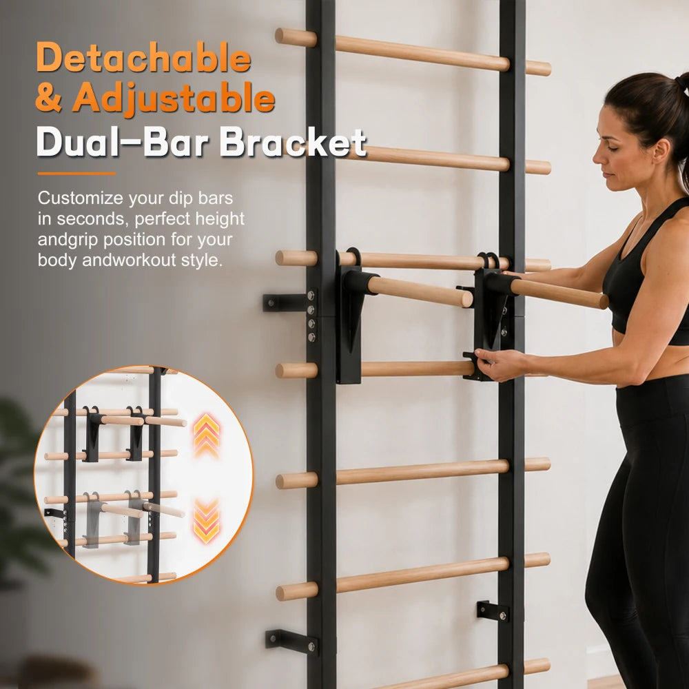 Wall Mounted Swedish Ladder Stall Bar With Adjustable Training Attachments