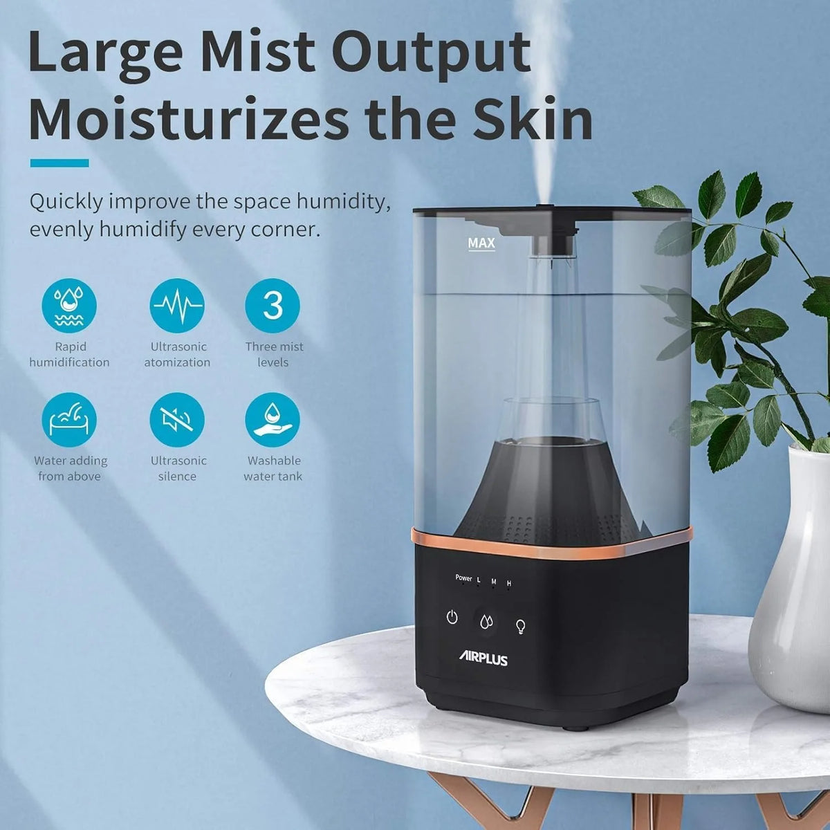 AIRPLUS 4L Cool Mist Humidifier Top Refilling Bedroom Home Large Capacity Water Tank Lasting Up To 60 Hours
