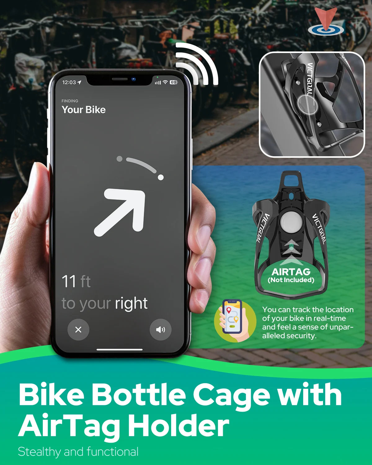 VICTGOAL Bicycle Water Bottle Holder With Hidden AirTag Mount Anti-Theft