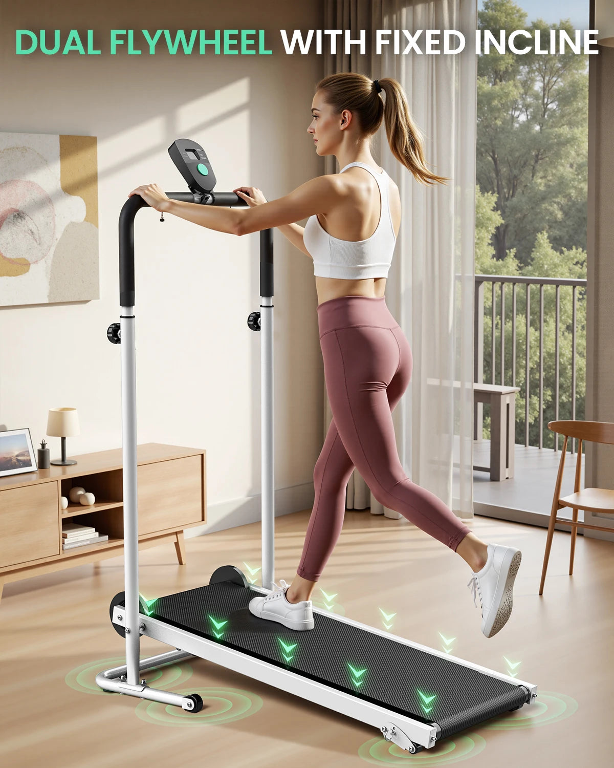 AKLUER Manual Treadmill With Dual Flywheel And LCD Monitor