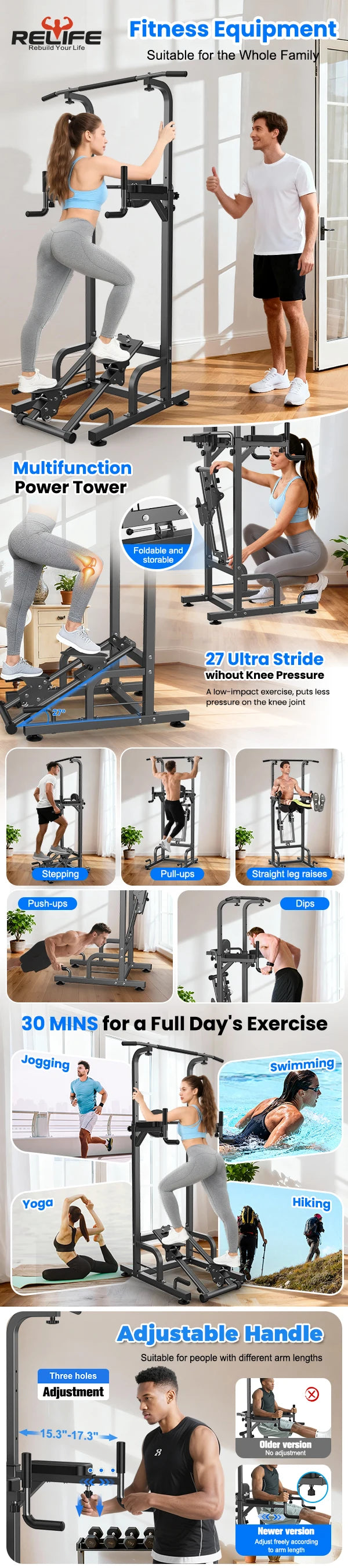 Power Tower Pull Up Dip Station Adjustable Height 450LBS
