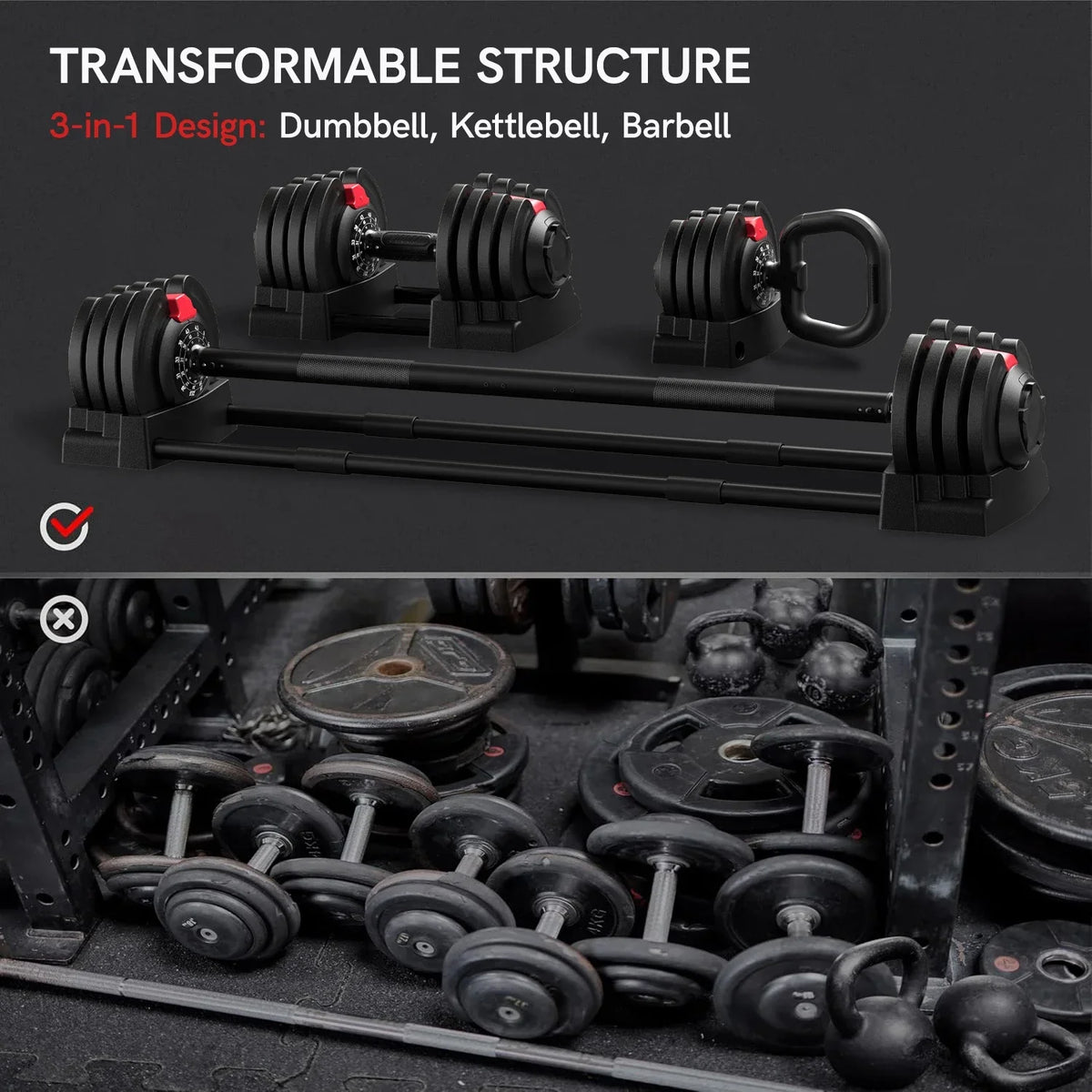 KERDOM Adjustable Dumbbell Set With Barbell Kettlebell Stand