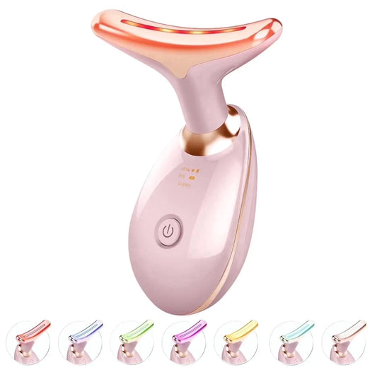 Face Neck Massager,7-in-1 LED Lights Facial Tool for Home Skincare Device,Rose Gold Massage