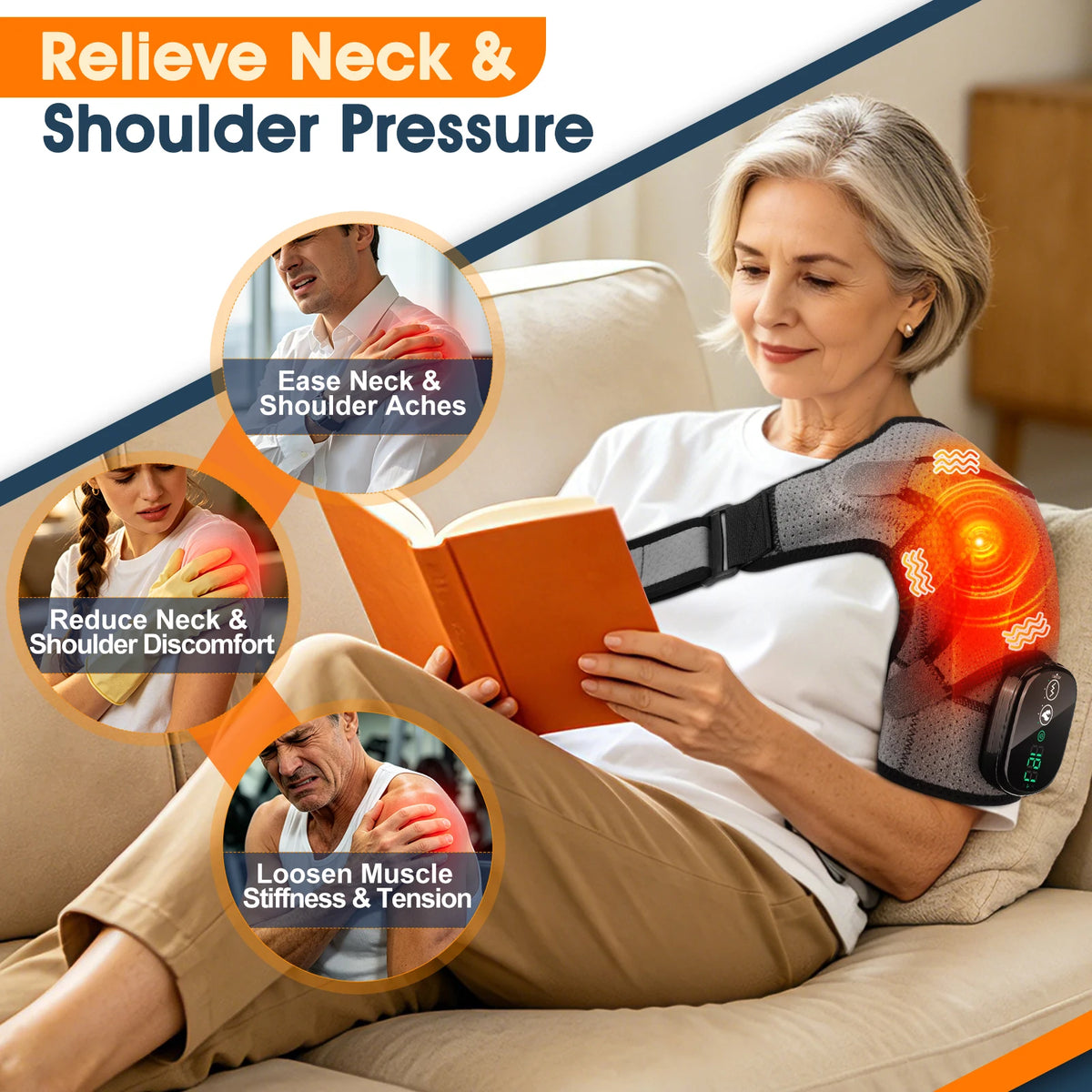 Cordless Electric Heating Shouder Massager Brace, 3 Heat & Vibration Thermal Cervical Muscel Relax, Shoulder Warmer Massage Belt