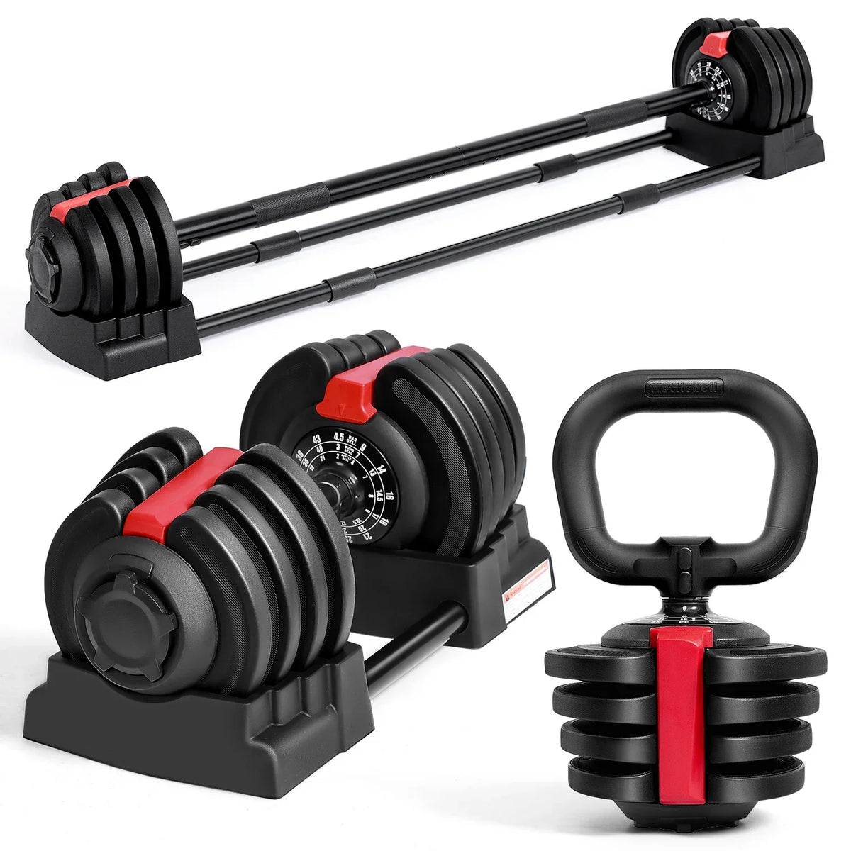 KERDOM Adjustable Dumbbell Set With Barbell Kettlebell Stand