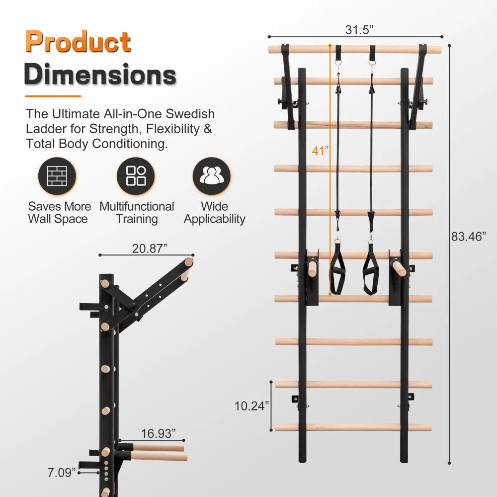 Wall Mounted Swedish Ladder Stall Bar With Adjustable Training Attachments