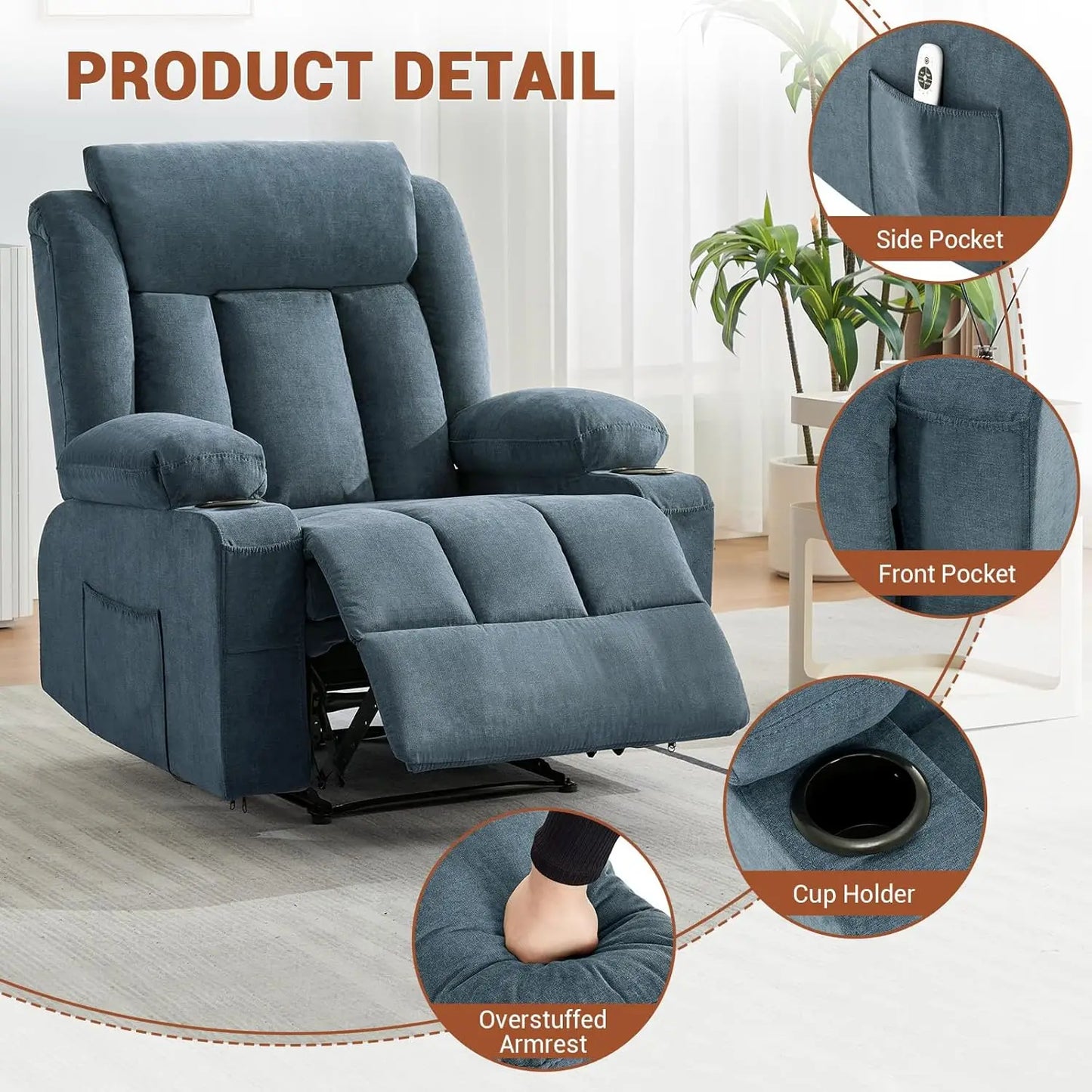 Oversized Recliner Chair With Massage And Heat Cup Holders StoragePocket
